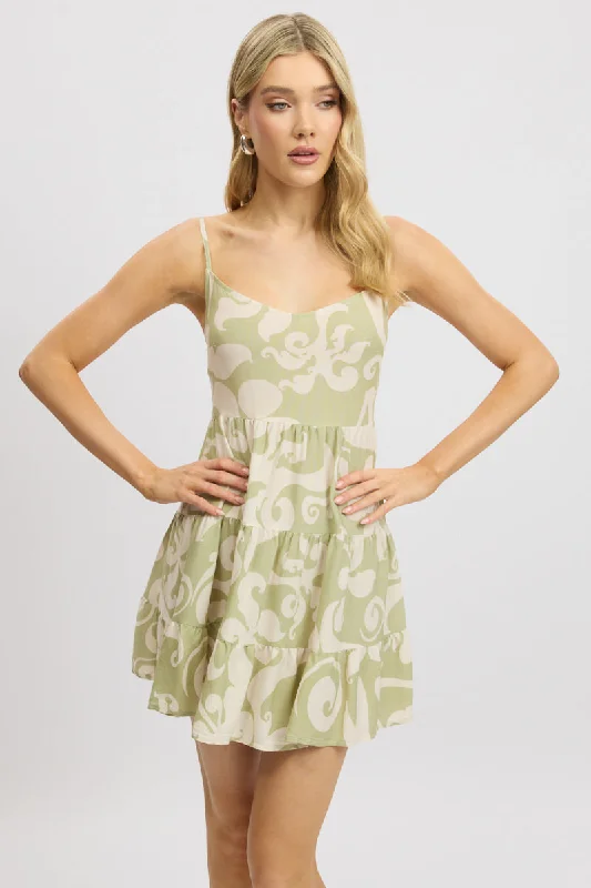 Inspired By You, Designed For You Green Abstract Mini Dress Tiered Strappy