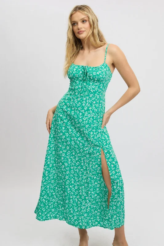 Seasonal Style Discounts Green Ditsy Midi Dress Gathered Bust