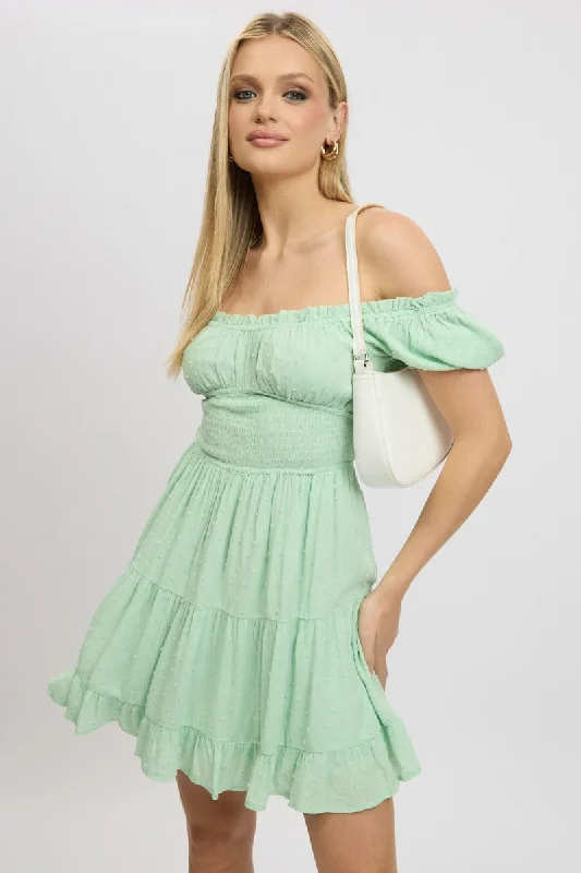 Mother's Day Special Green Fit And Flare Dress Puff Sleeve Mini