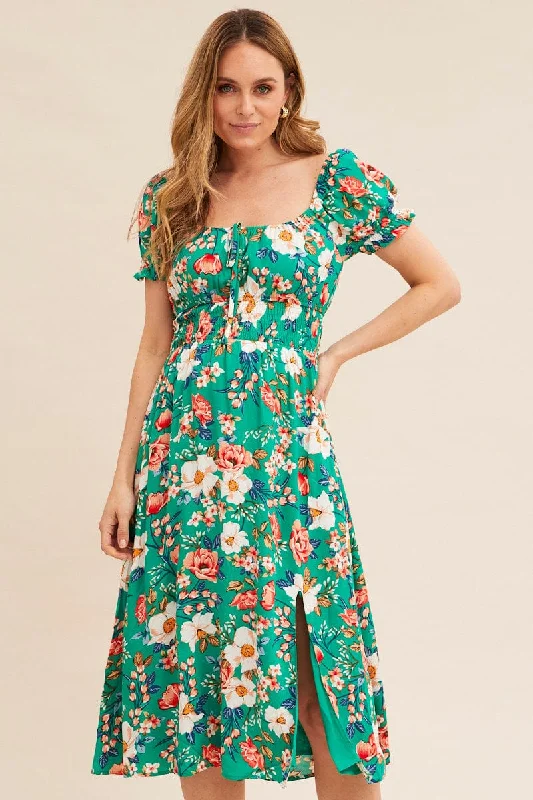 Trend Forward Threads For Her Green Floral Short Puff Sleeve Midi Slit Dress