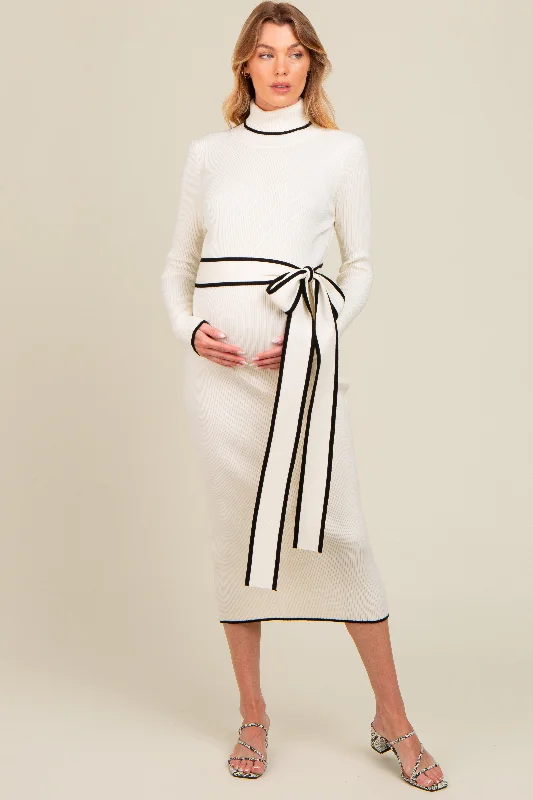 Elegant Simplicity Wardrobe Ivory Contrast Trim Turtleneck Maternity Sweater Dress