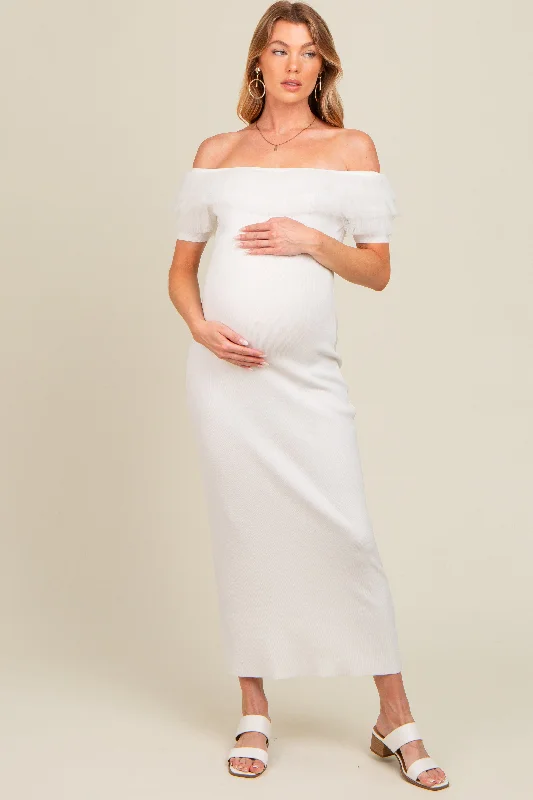 Bold Patterns Ivory Tulle Ruffle Off Shoulder Sweater Maternity Midi Dress