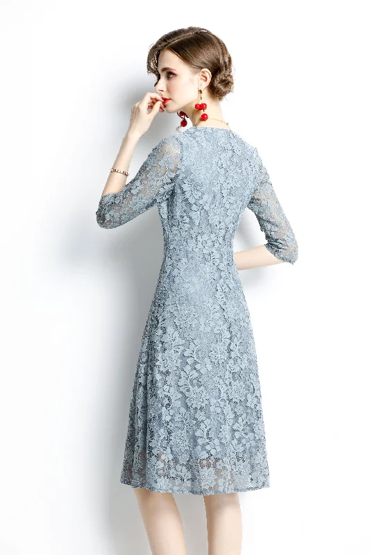 Dive Into Trendy Women's Fashion Light blue Evening A-line V-neck Elbow Sleeve Knee Lace Dress