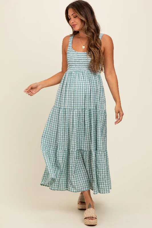 Hurry Before It's Gone Light Blue Plaid Tiered Maternity Maxi Dress