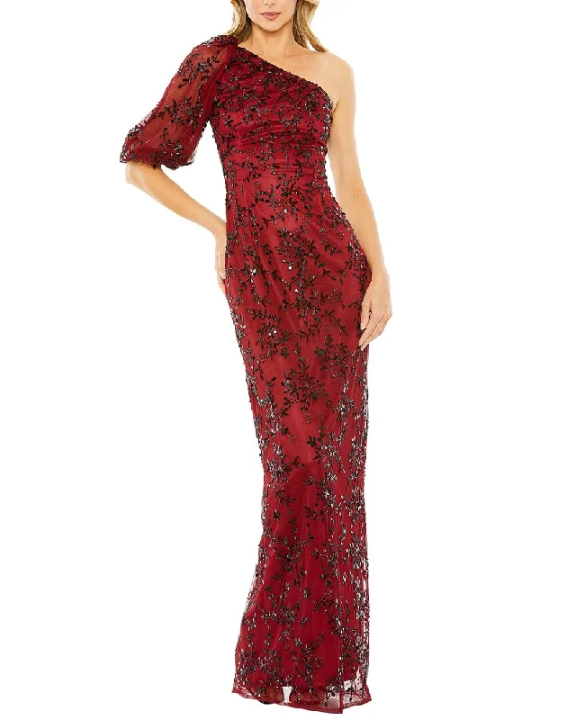 Playful Elegance Mac Duggal One-Shoulder Puff Sleeve Embellished Column Gown