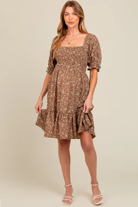 Fashion Sale Mocha Floral Smocked Puff Sleeve Maternity Dress