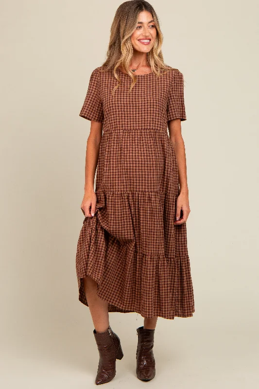 New Season Fashion Preview Sale Mocha Gingham Tiered Maternity Midi Dress