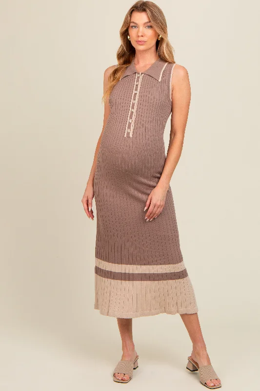 Embrace New Fashion Mocha Knit Button Front Contrast Border Maternity Midi Dress