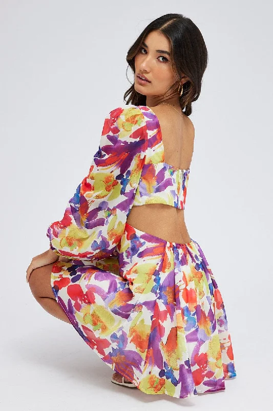 Buy More, Save More Multi Floral Dress Watercolour Print Ring Front Balloon Sleeve