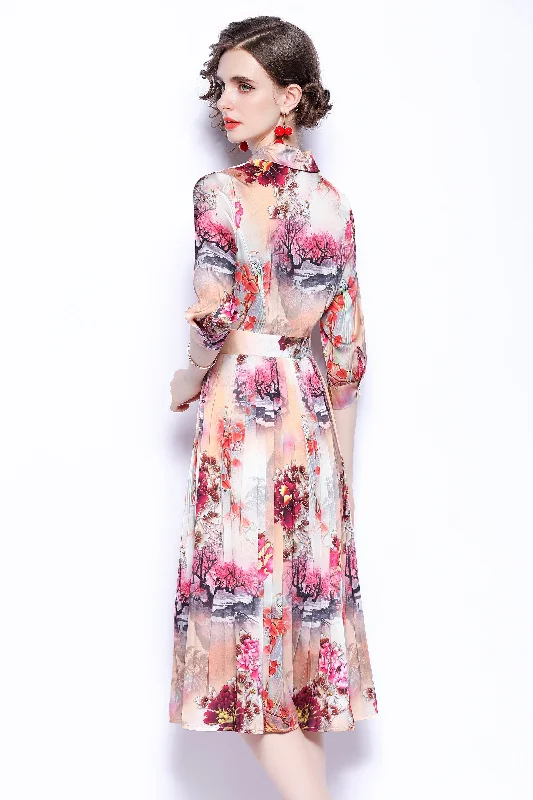 Elegant Simplicity Wardrobe Multicolor Day A-line Shirt Colar Elbow Sleeve Below Knee Printed Dress