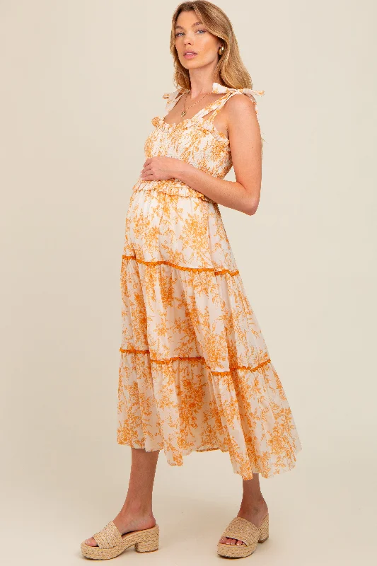 Redefining Women's Style Peach Floral Sleeveless Ruffle Tiered Maternity Midi Dress