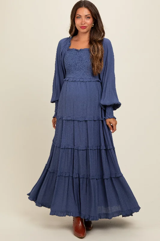 Trendy Street Style Attire Periwinkle Smocked Long Sleeve Ruffle Tiered Maternity Maxi Dress