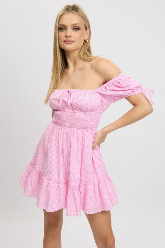 Mid Season Sale Pink Check Fit And Flare Dress Puff Sleeve Mini