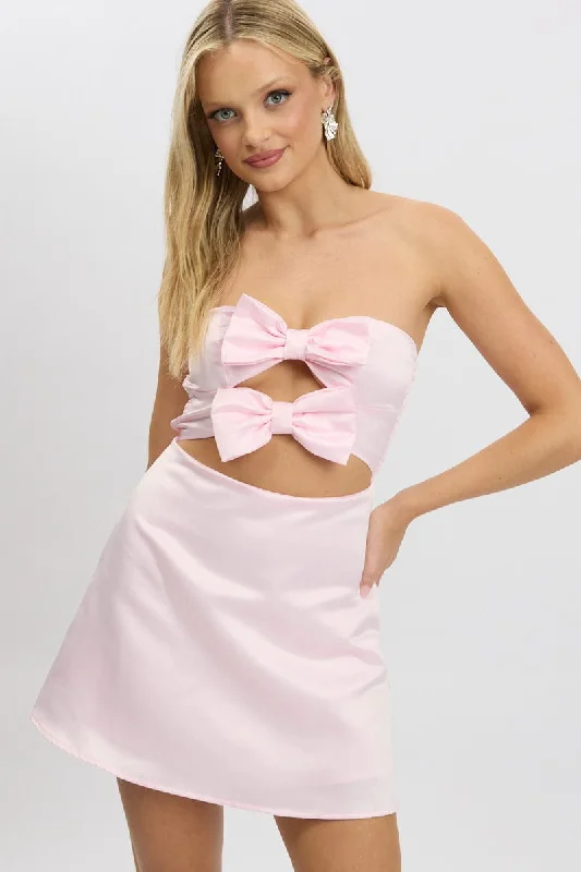 Seasonal Trend Pink Fit And Flare Dress Ribbon Detail