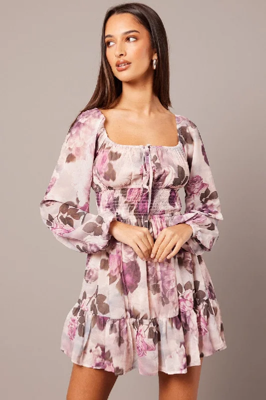 Elegant Ensemble Pink Floral Fit and Flare Dress Long Sleeve Ruched Bust