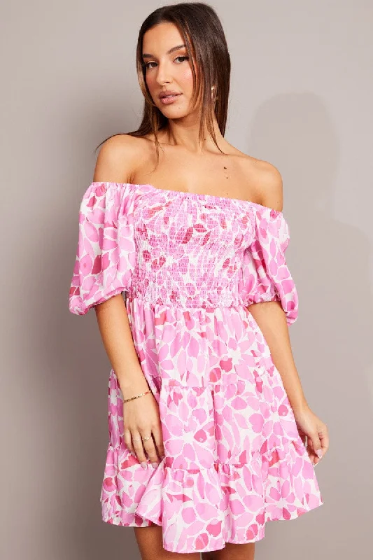 Elevated Style Pink Floral Fit And Flare Dress Puff Sleeve