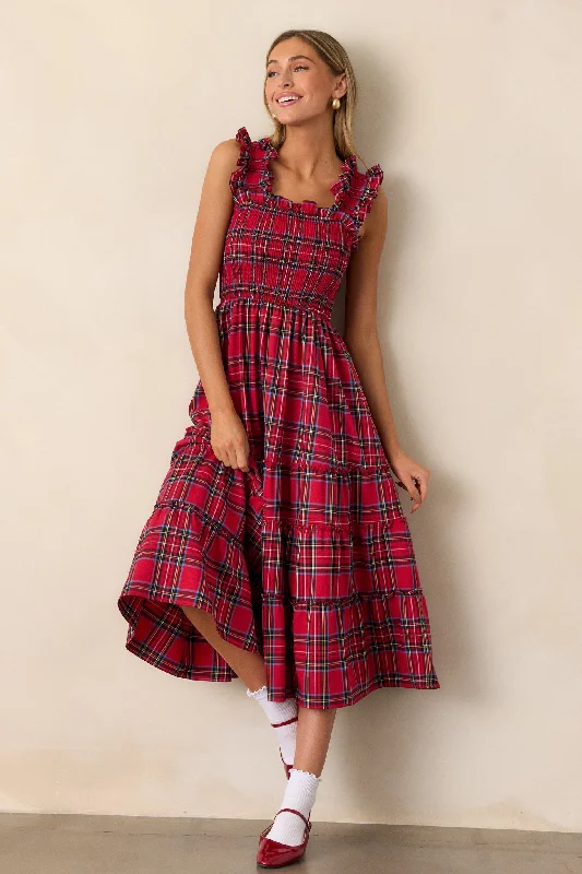 Huge Savings On Parisian Styles Pride And Joy Red Plaid Midi Dress