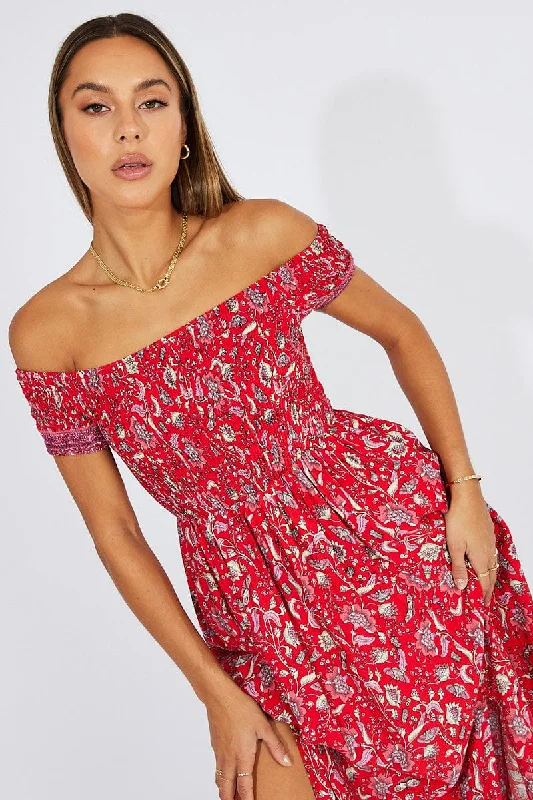 Summer Essentials Red Boho Maxi Dress Off Shoulder