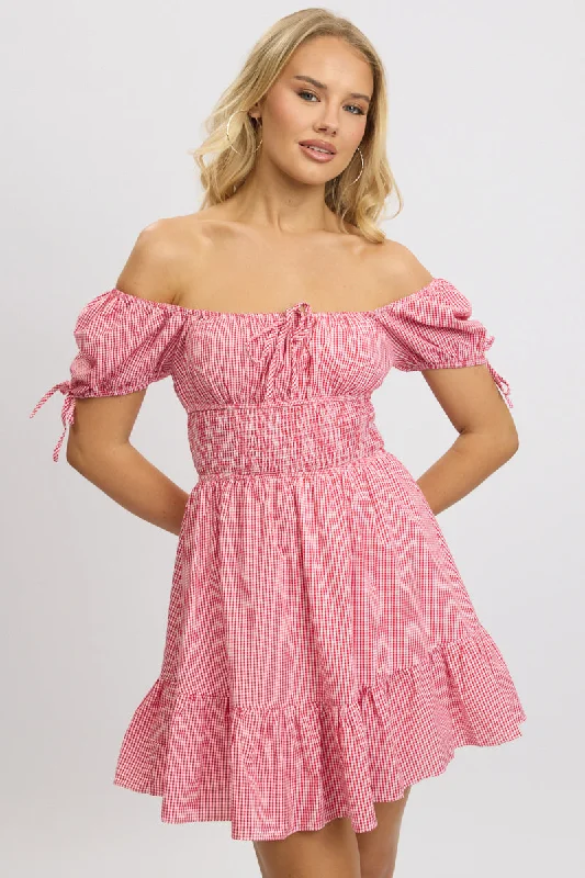 Boho - Chic Festival - Ready Style Red Check Fit And Flare Dress Puff Sleeve Mini