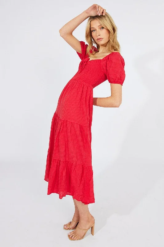 Huge Markdowns Red Midi Dress Short Sleeve Shirred