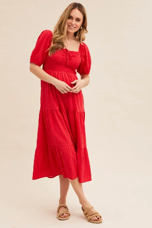 End Of Season Clearance Red Midi Dress Short Sleeve Shirred