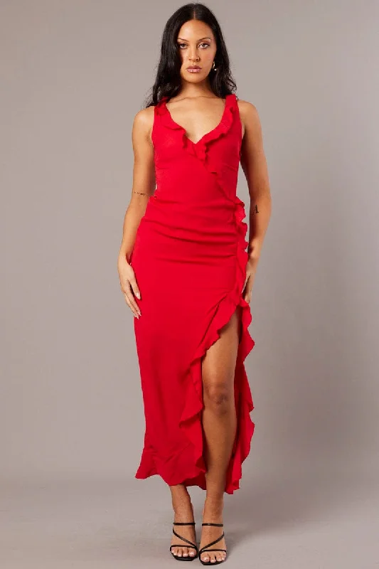 Fashion Frontiers Red Ruffle Dress Wrap Midi Chiffon