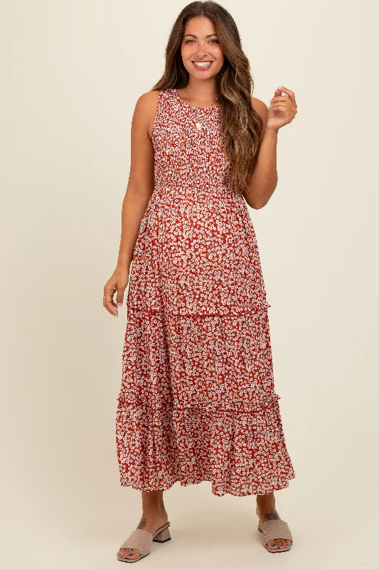 Effortless Sophistication Rust Floral Sleeveless Ruffle Tiered Maternity Maxi Dress