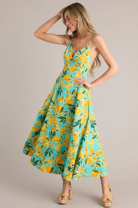 Seasonal Clearance Sunshine Squeeze Aqua Lemon Print Midi Dress