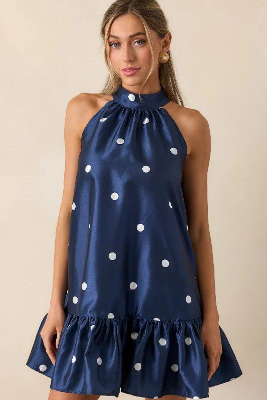 Contemporary Elegance Sweet Soirée Navy Halter Polka Dot Mini Dress