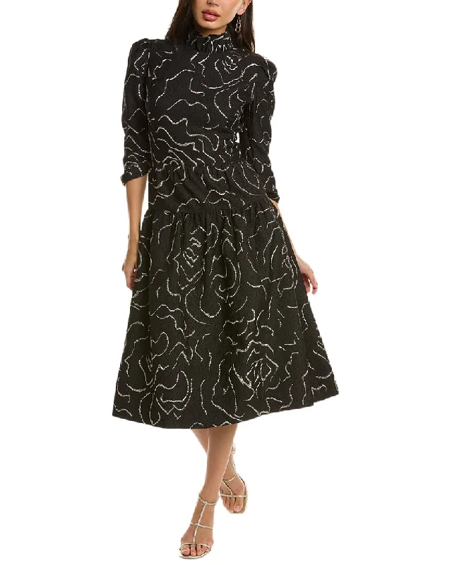 Playful Elegance Teri Jon by Rickie Freeman Metallic Jacquard Midi Dress