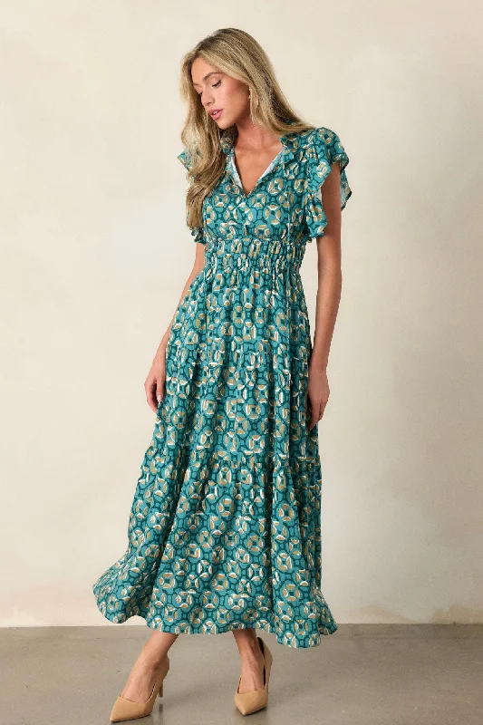 Casual Weekend Relaxed Style Vintage Vow Green Ruffle Sleeve Maxi Dress