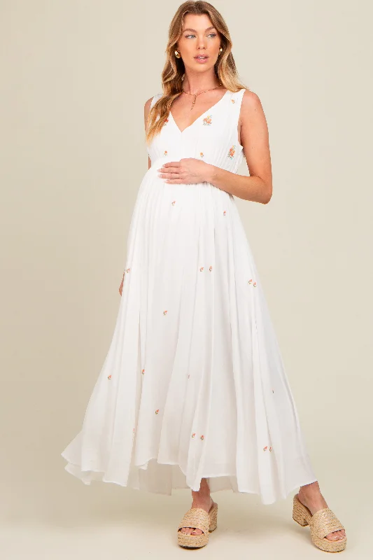 Special Offers White Floral Embroidered Sleeveless Maternity Maxi Dress