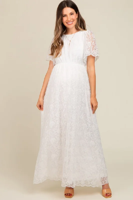 Seasonal Trend White Lace Sheer Lace Back Maternity Maxi Dress