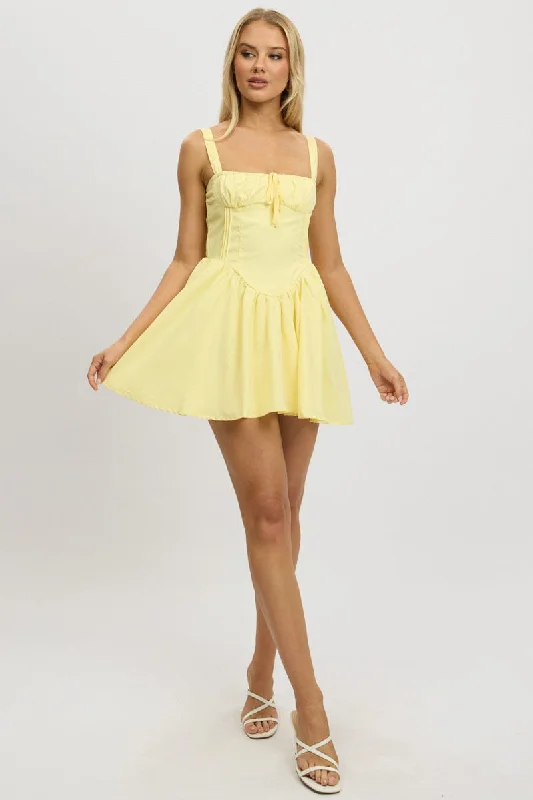 Feminine Flow Yellow Fit And Flare Dress Corset Detail Mini