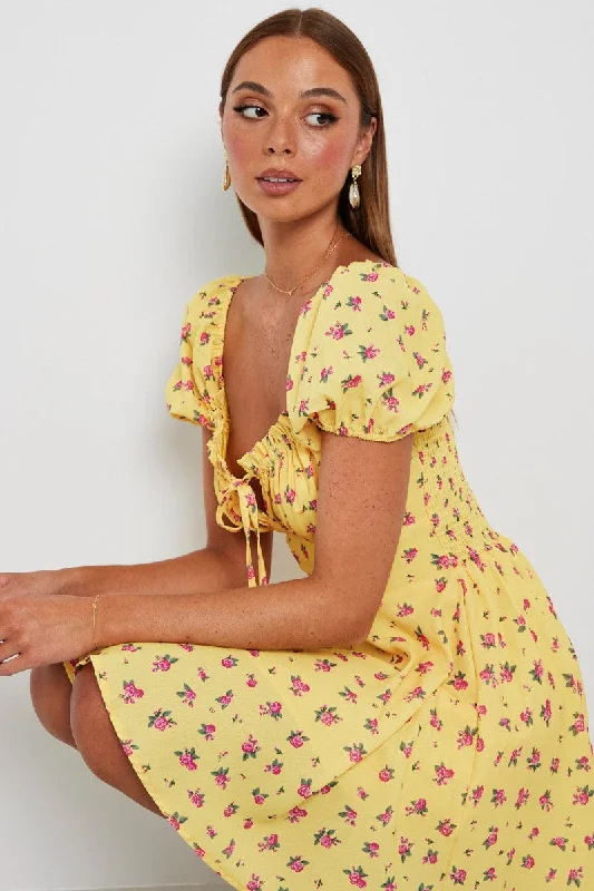 Trend Forward Threads For Her Yellow Floral Fit And Flare Dress Puff Sleeve Mini