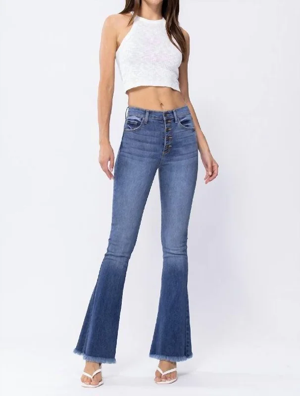 Unleash Your Trend Driven Style Frayed Hem Bell Bottoms In Medium Wash