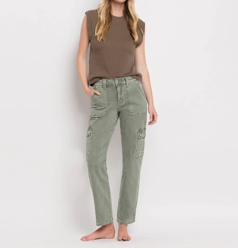 Fashion Forward High Rise Cargo Straight Jeans In Army Green