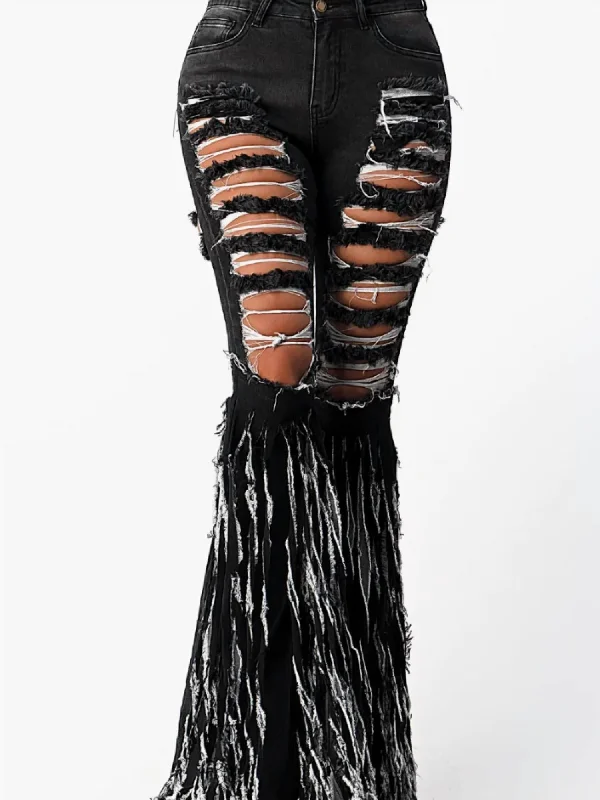 Bid Farewell To The Old Season Ripped Destroyed Fringe Pant In Black