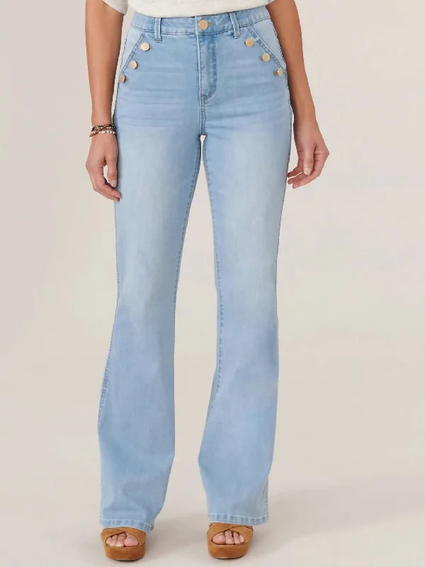 Fashion Forward, Function First Skyrise Long Flare Jean With Angled Button-Lined Pockets In Powder Blue Artisanal Denim