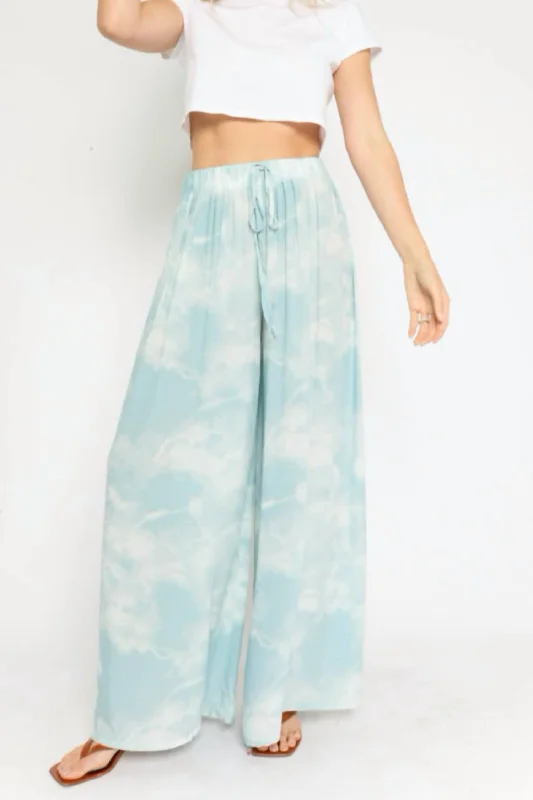 Trendy Street Style Attire Wide Leg Drawstring Pant In Blue Tie Dye